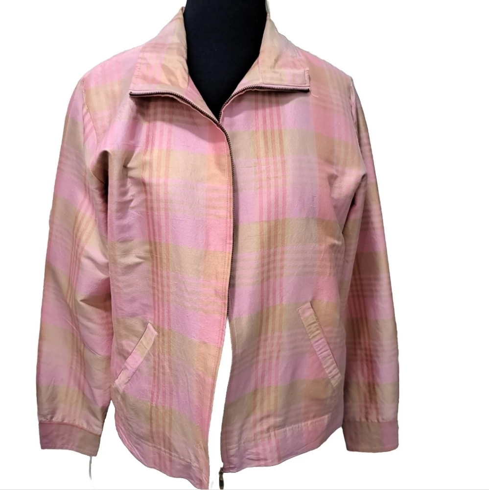 Vtg Pink Plaid Jacket Mureli 100% Silk Shell Bomber Jacket